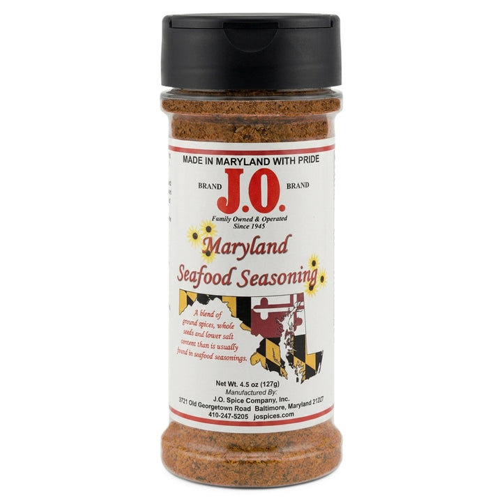 A 4.5oz shaker bottle of J.O. Spice Maryland Seafood Seasoning with a label featuring the Maryland flag in the shape of the state outline.