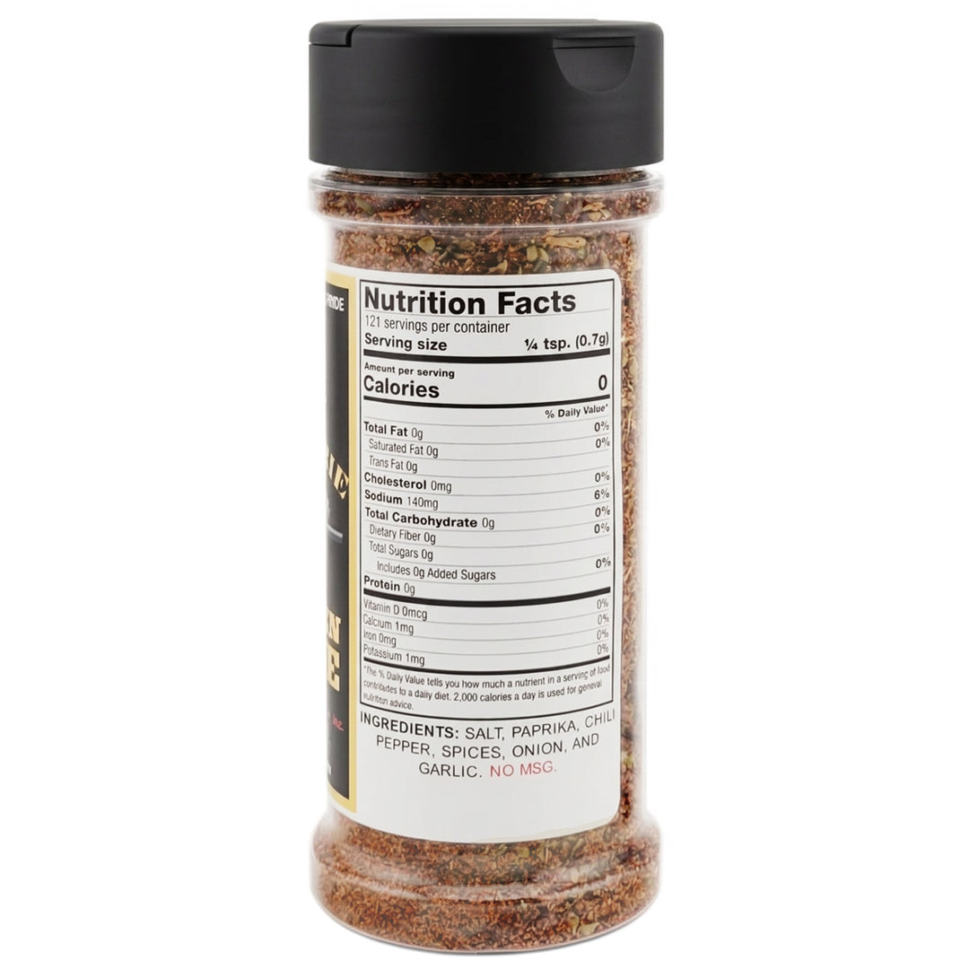 A 3oz. plastic bottle of J.O. Rotisserie Chicken Spice with the label showing nutrition information.