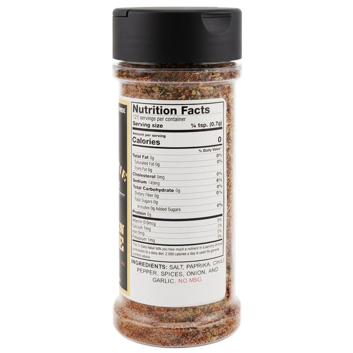 A 3oz. plastic bottle of J.O. Rotisserie Chicken Spice with the label showing nutrition information.