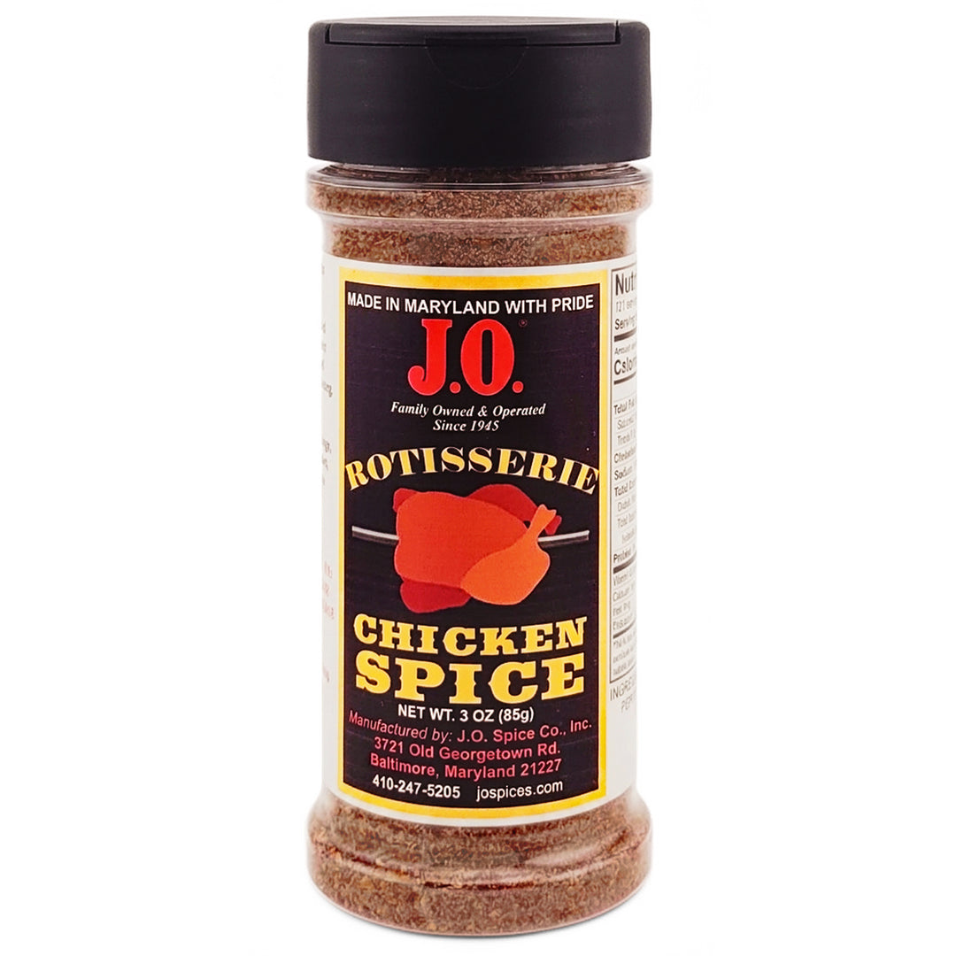 A 3oz. plastic bottle of J.O. Rotisserie Chicken Spice with a black label showing a whole chicken on a spit.