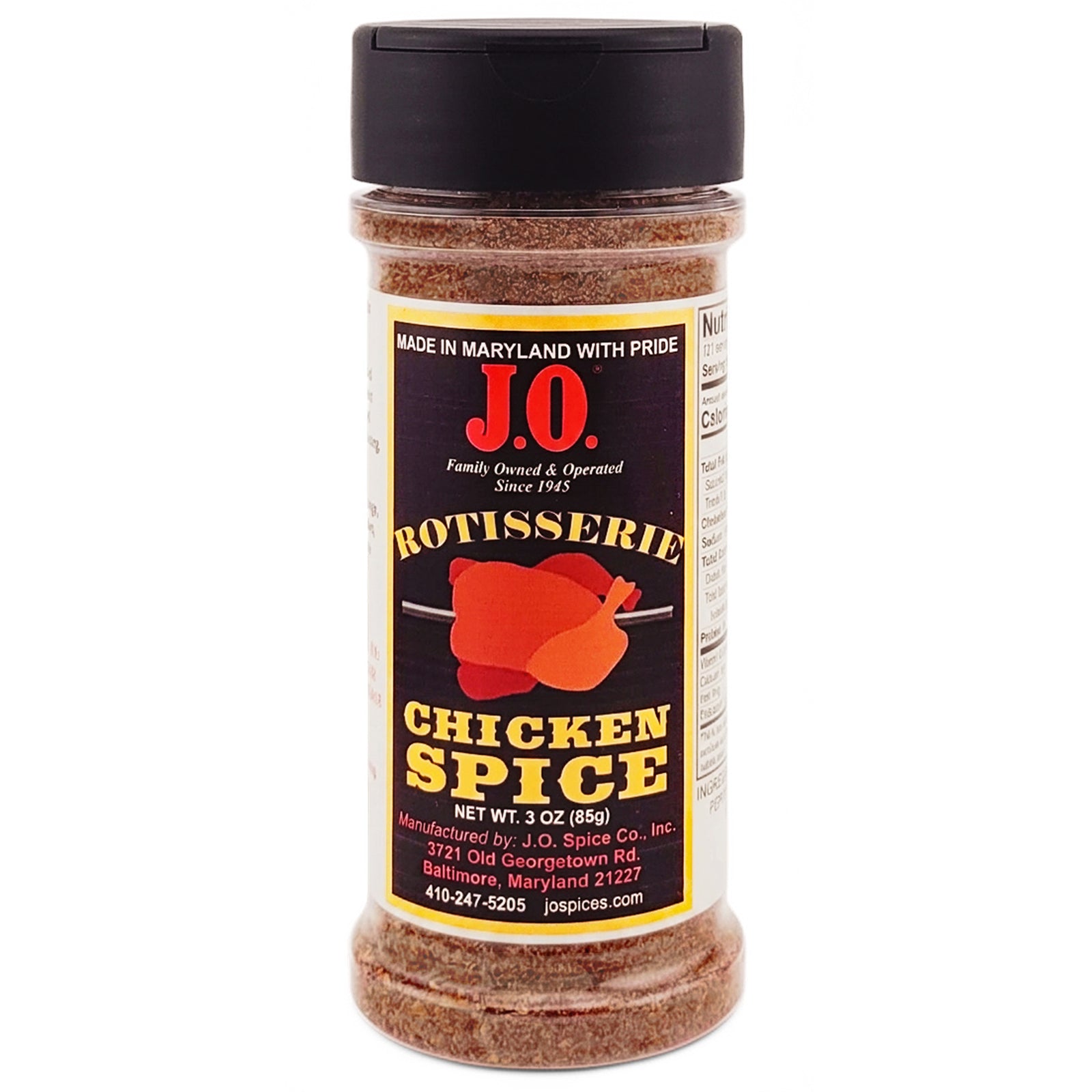 A 3oz. plastic bottle of J.O. Rotisserie Chicken Spice with a black label showing a whole chicken on a spit.