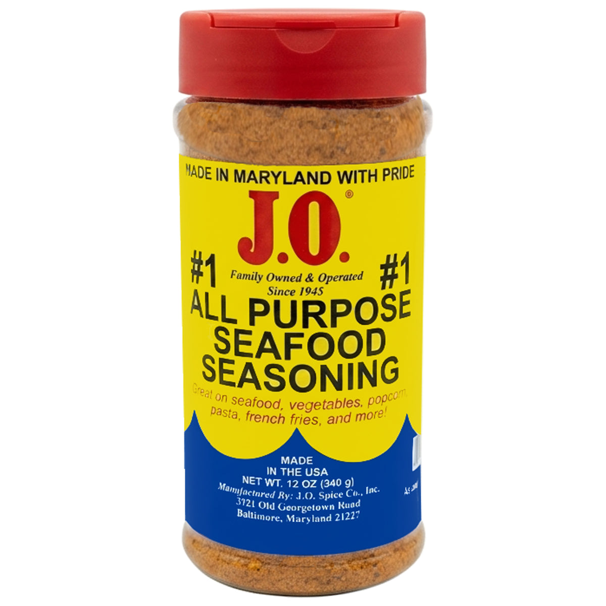 A 12 oz. bottle of J.O. #1 Seafood Seasoning