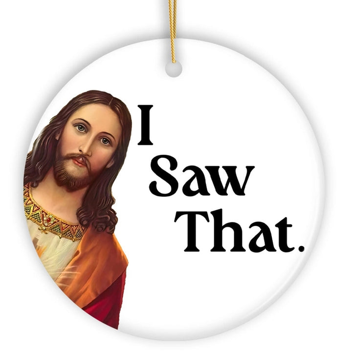 Round white Christmas ornament featuring a printed portrait of Jesus on the left and the black text &
