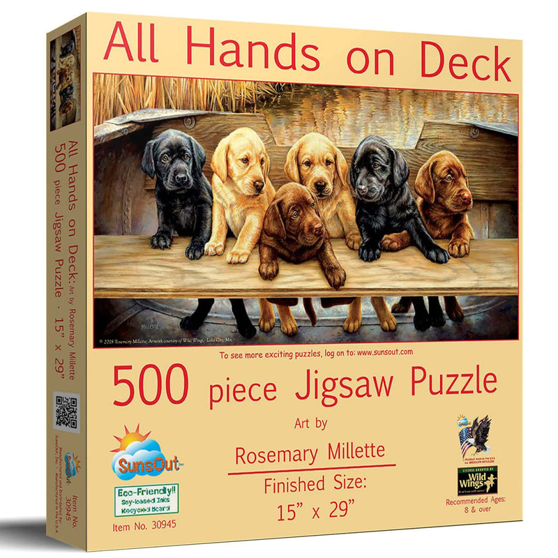 Labrador puppies in a wooden boat puzzle box