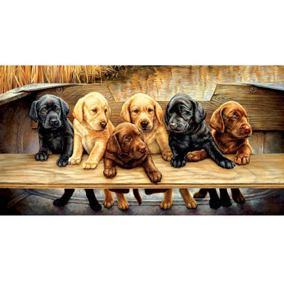 Labrador puppies in a wooden boat finished puzzle