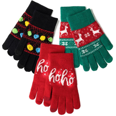 Light-Up Holiday Gloves Three pairs of festive gloves with different designs