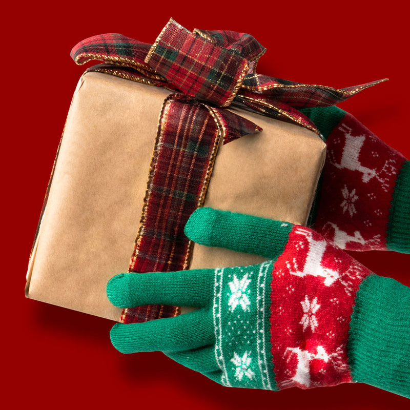 Light-Up Holiday Gloves Green Red Reindeer Model Scene