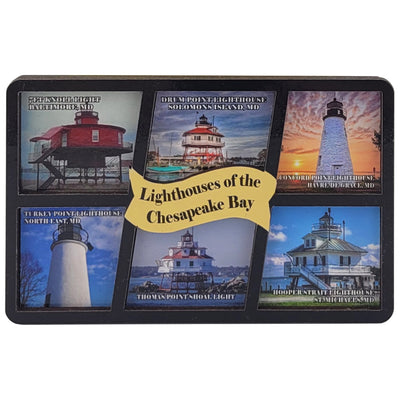 windowpane framed magnet with scenes of lighthouses of the Chesapeake Bay with a central yellow banner.