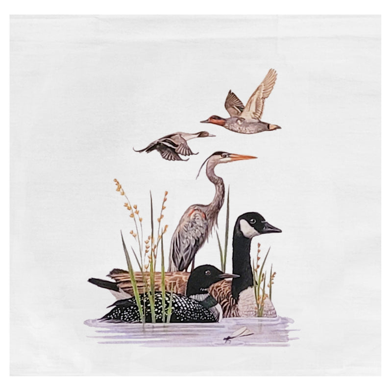 water birds collage kitchen towel closeup