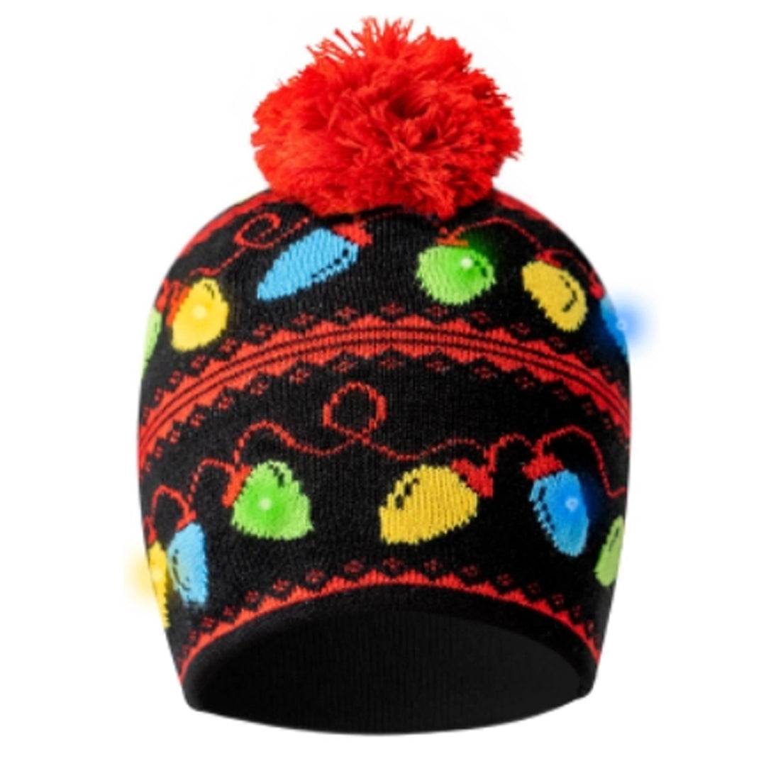Light-Up Holiday Pom Pom Hat - Black Christmas Lights