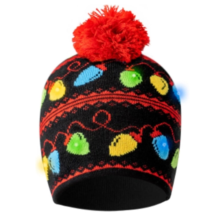 Light-Up Holiday Pom Pom Hat - Black Christmas Lights