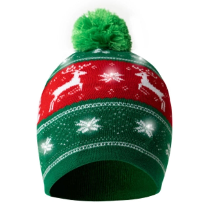Light-Up Holiday Pom Pom Hat - Green &amp; Red Reindeer