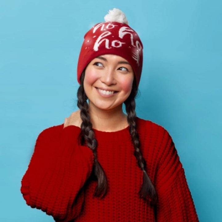 Light-Up Holiday Pom Pom Hat - Red Ho Ho Ho Model