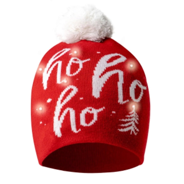 Light-Up Holiday Pom Pom Hat - Red Ho Ho Ho