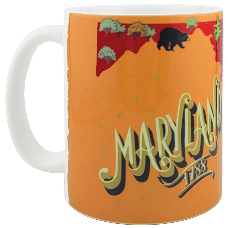 back view of coffee mug with the maryland state outline and &