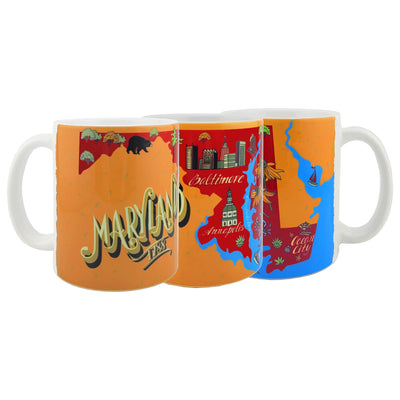 a coffee mug with the maryland state outline and 'maryland 1788' written on it along with various symbols