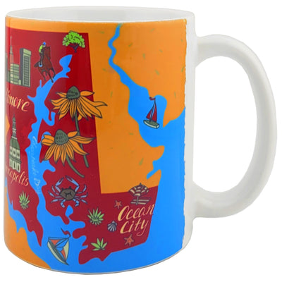 front view of coffee mug with the maryland state outline and 'maryland 1788' written on it along with various symbols