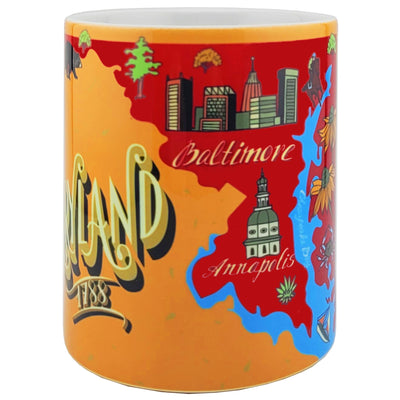 side view of coffee mug with the maryland state outline and 'maryland 1788' written on it along with various symbols