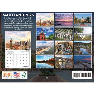 Maryland 2026 wall calendar with scenic views (back cover)
