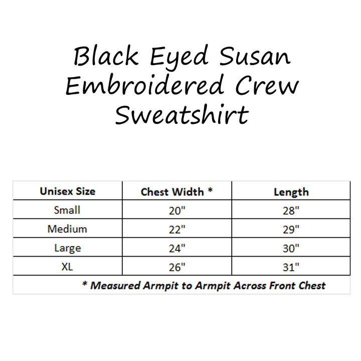 Maryland Black Eyed Susan Embroidered Sweatshirt Size Chart