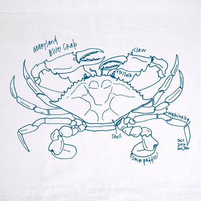 Blue line drawing of a Maryland Blue Crab on a white background kitchen towel