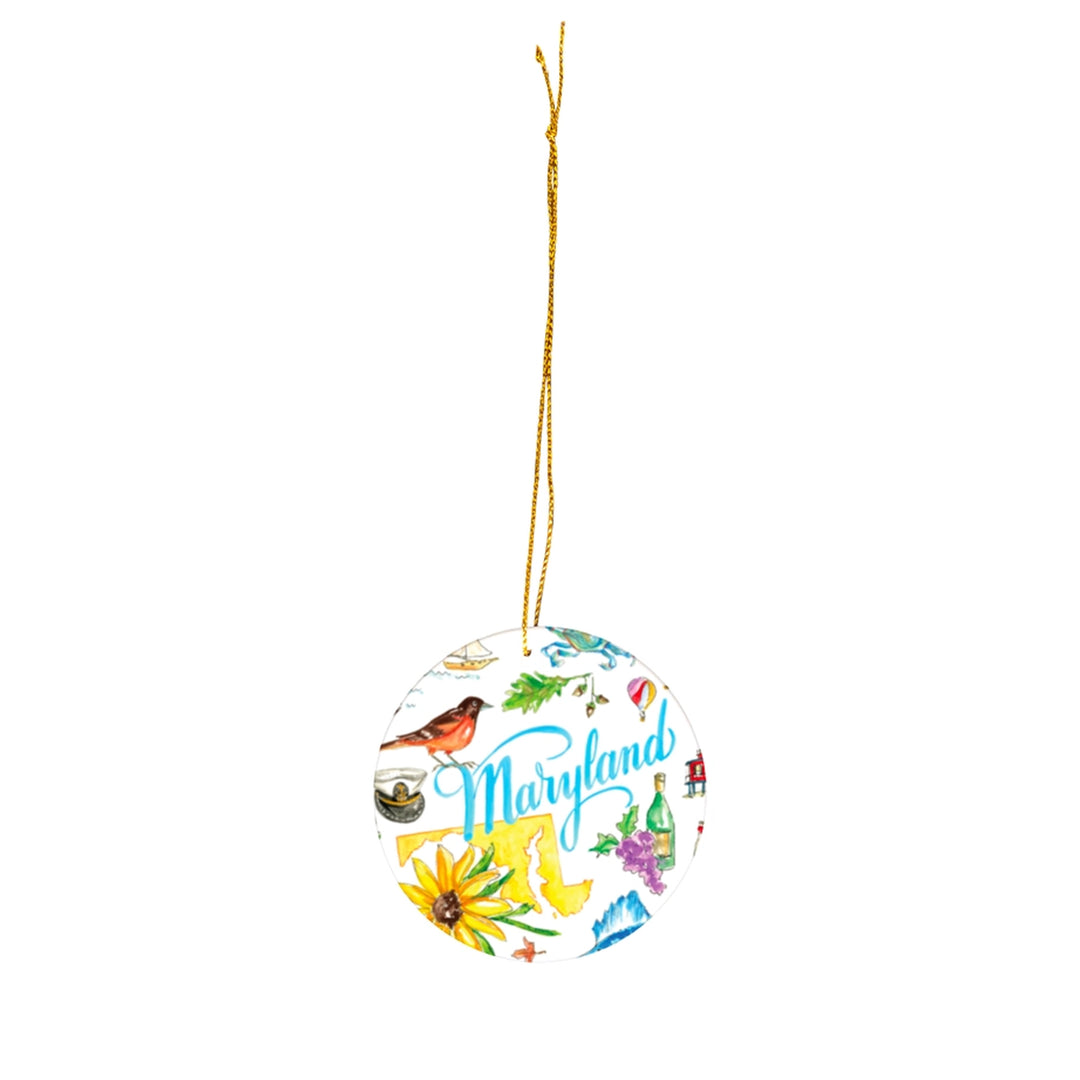 Maryland Collage Round Ceramic Ornament with gold hanging cord