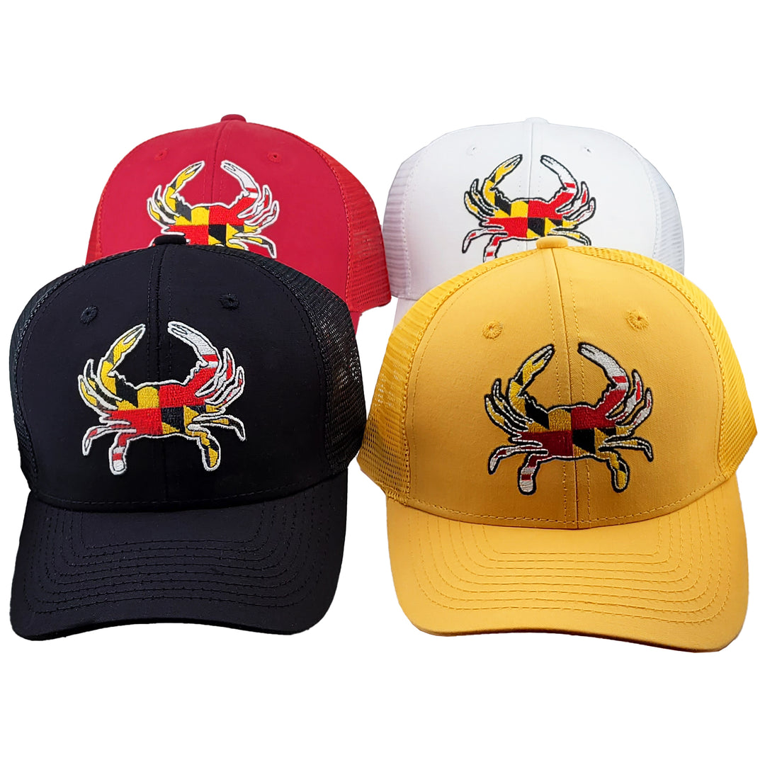 collage of maryland colors crab flag hats