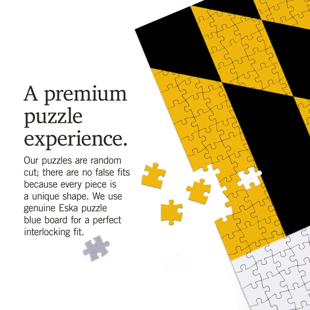 Yellow and black Maryland Flag puzzle pieces with text about a premium puzzle experience.