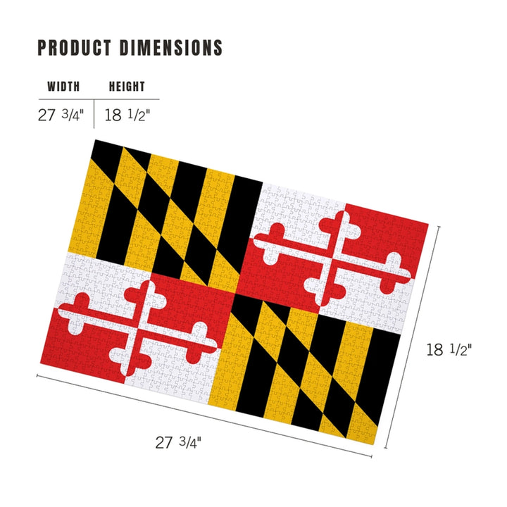 Jigsaw puzzle with Maryland flag design and dimensions displayed