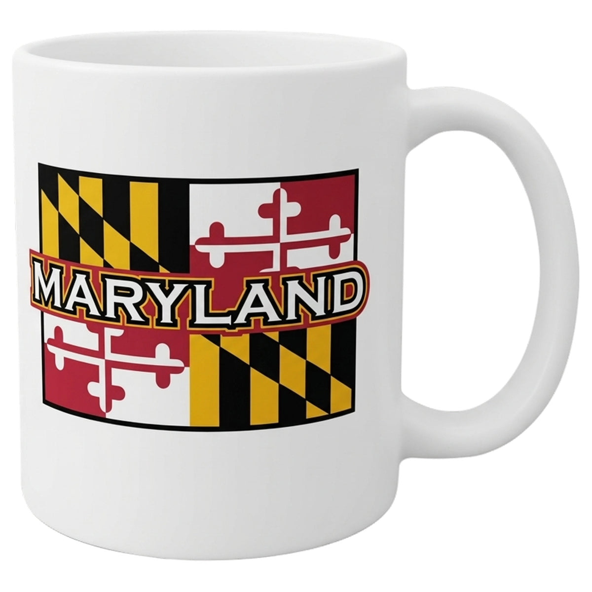 A white ceramic mug featuring the Maryland state flag design and the word 'MARYLAND' written banner style across the front.