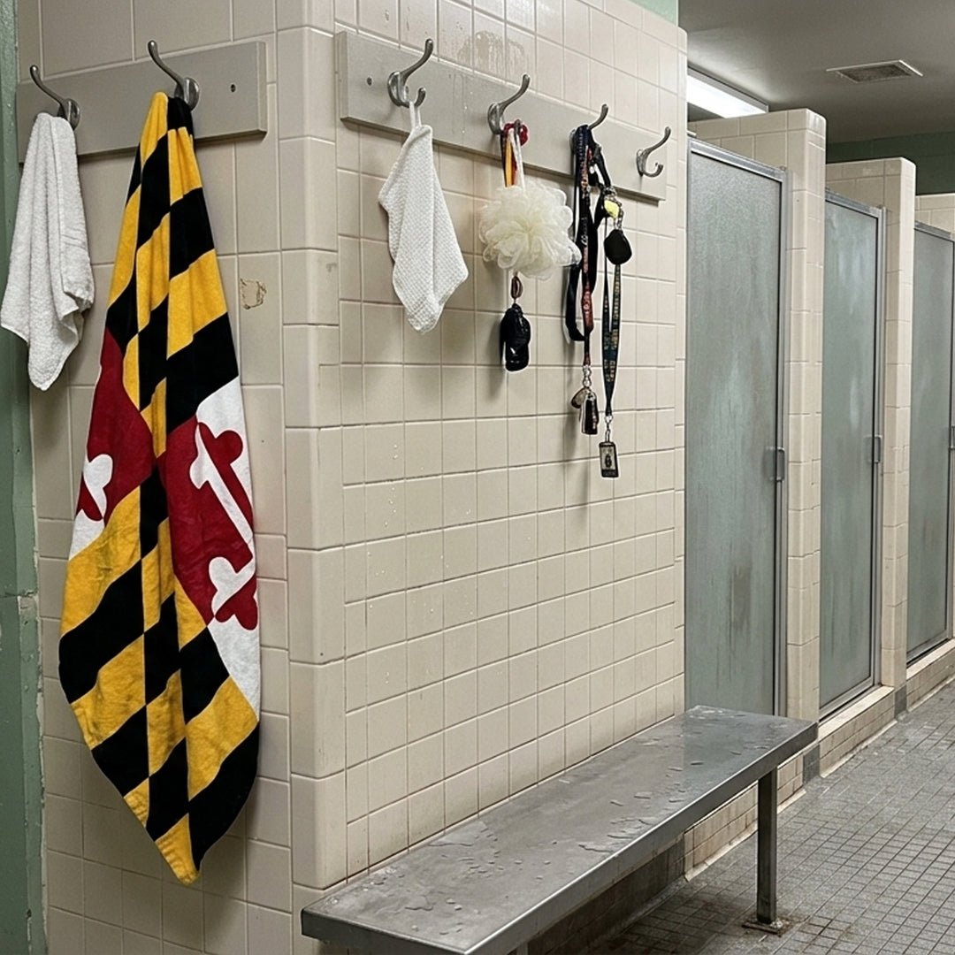 Maryland Flag Bath Towel Dorm Shower Scene