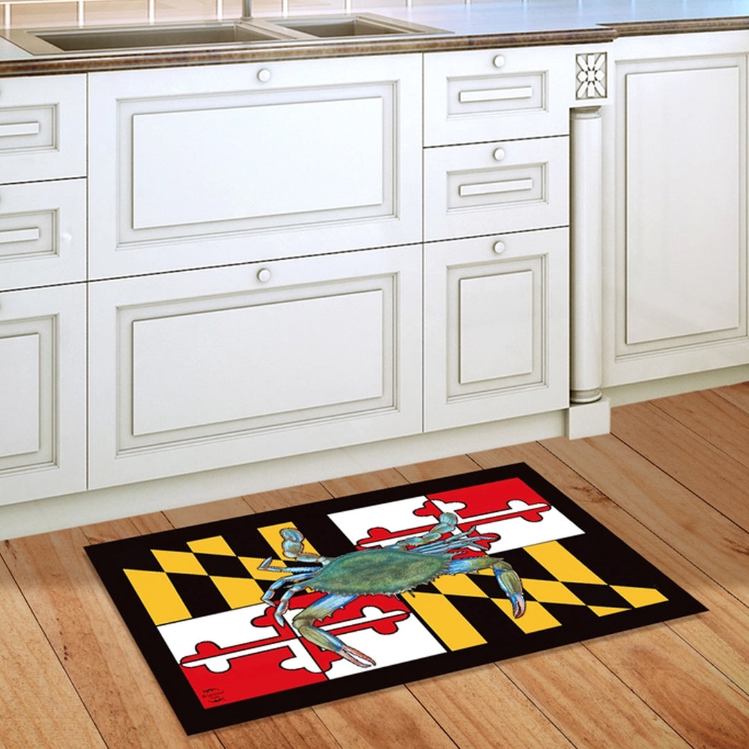 Maryland Flag and Blue Crab Doormat Rug shown in a kitchen in front of the sink.
