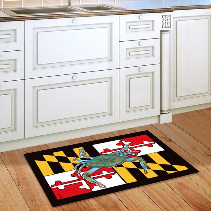 Maryland Flag and Blue Crab Doormat Rug shown in a kitchen in front of the sink.