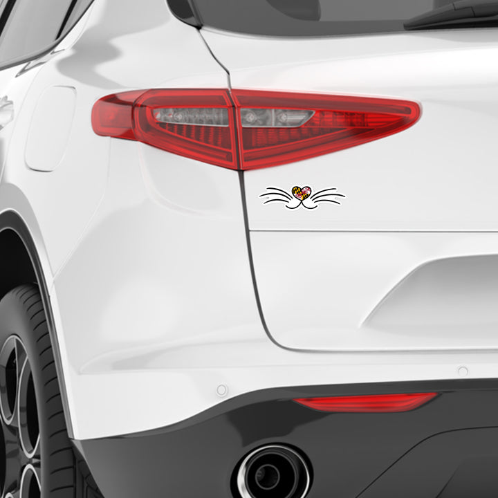 Maryland Flag Cat Nose and Whiskers Vinyl Sticker on a white vehicle