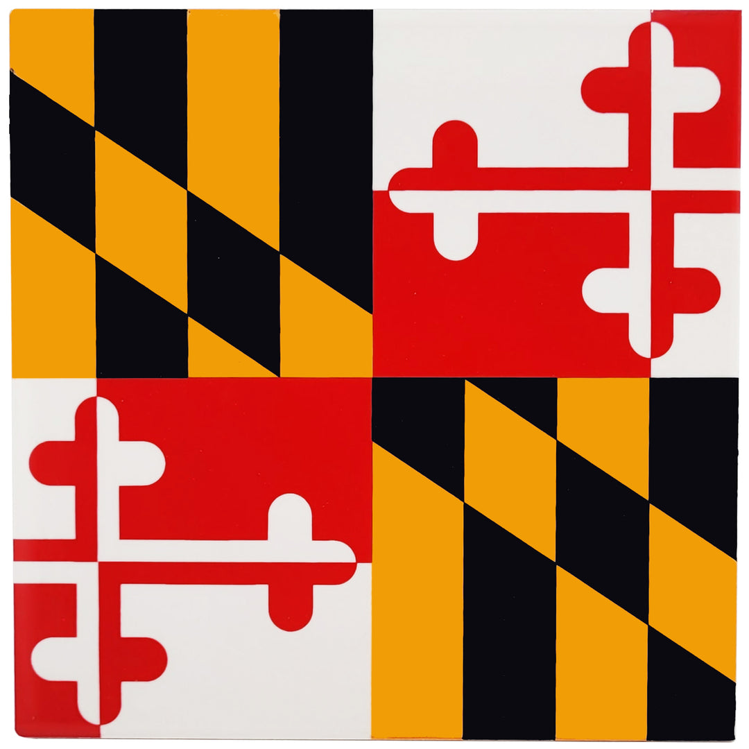 A square decorative ceramic trivet featuring the Maryland state flag design: four quadrants with alternating black and gold diagonal stripes and red-and-white cross motifs.
