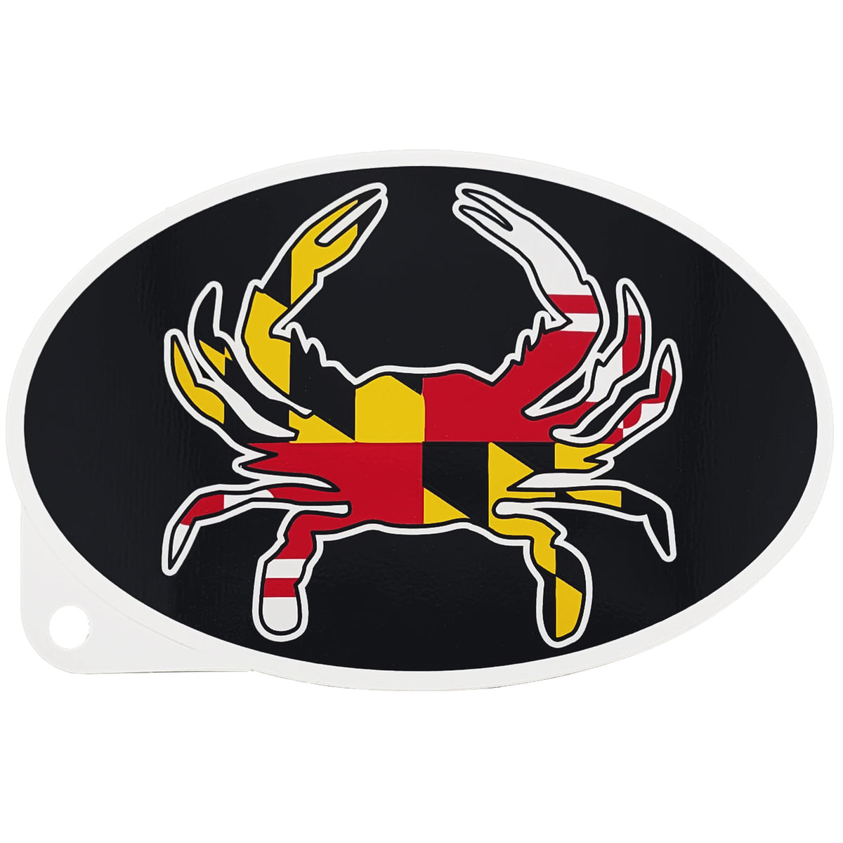 An oval-shaped sticker featuring a Maryland flag crab graphic with the state flag colors of red, yellow, black, and white, outlined in white against a black background.