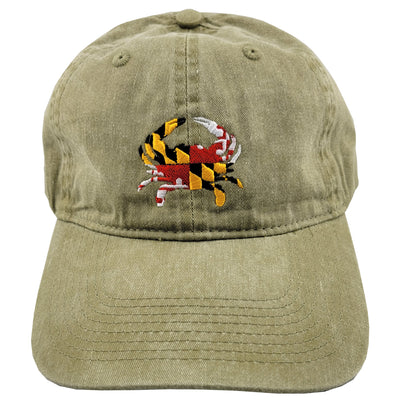 Maryland Flag Crab Embroidered Baseball Hat - Khaki Green