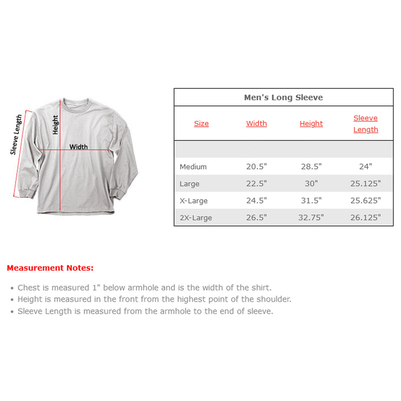 Maryland Flag Crab Long Sleeve T-Shirt Size Chart