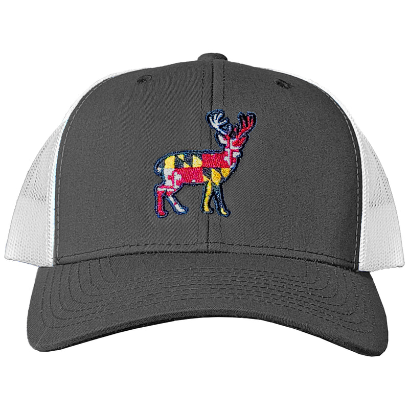 Maryland Flag Deer (Buck) Gray & White Trucker Hat