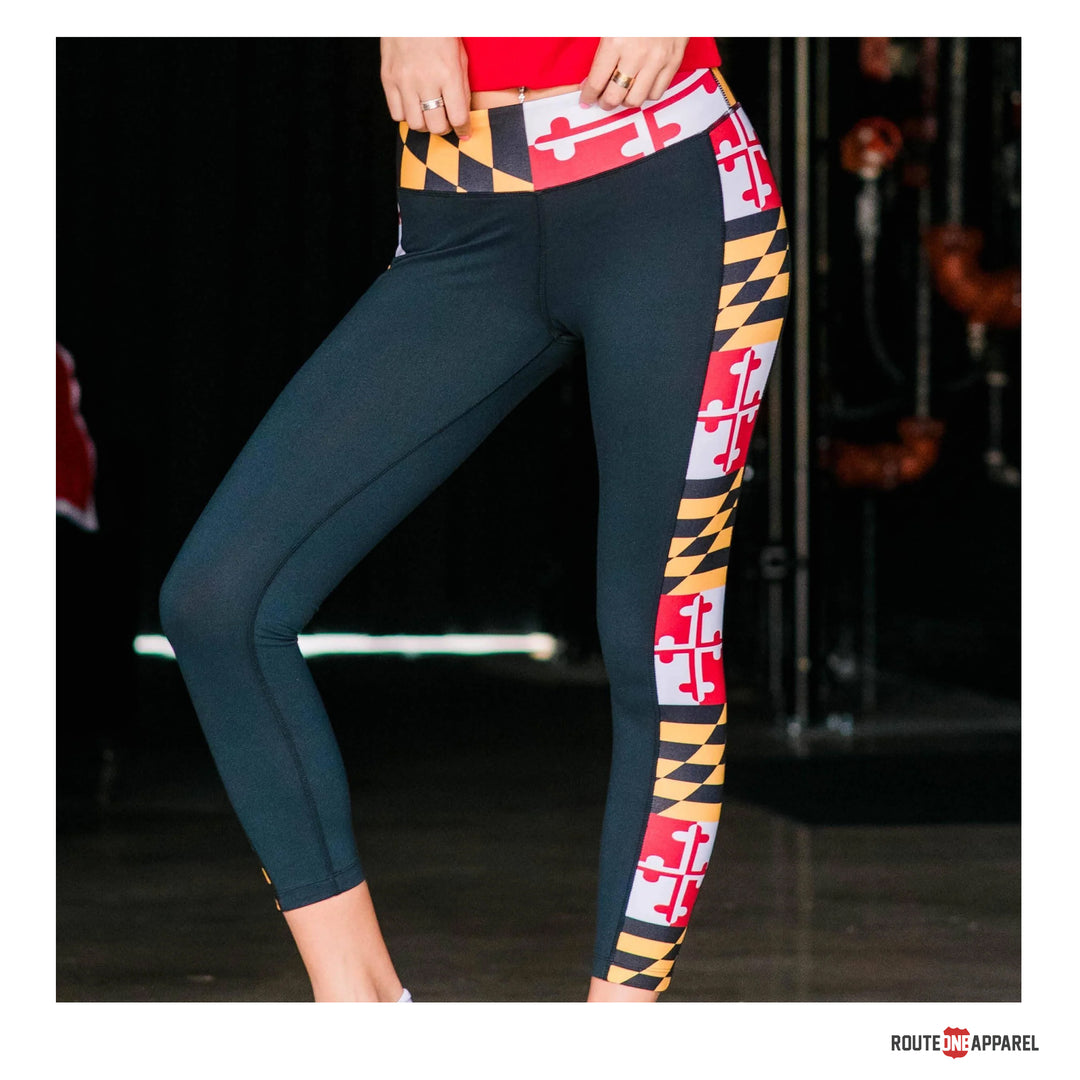 Maryland Side Flag Black Yoga Leggings Ladies by Route One Apparel