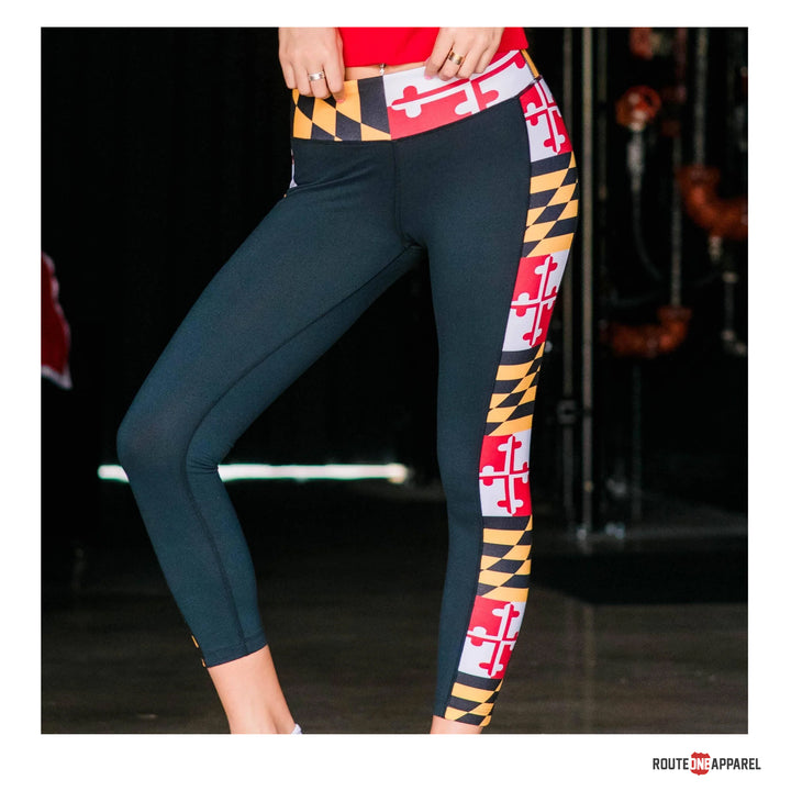 Maryland Side Flag Black Yoga Leggings Ladies by Route One Apparel