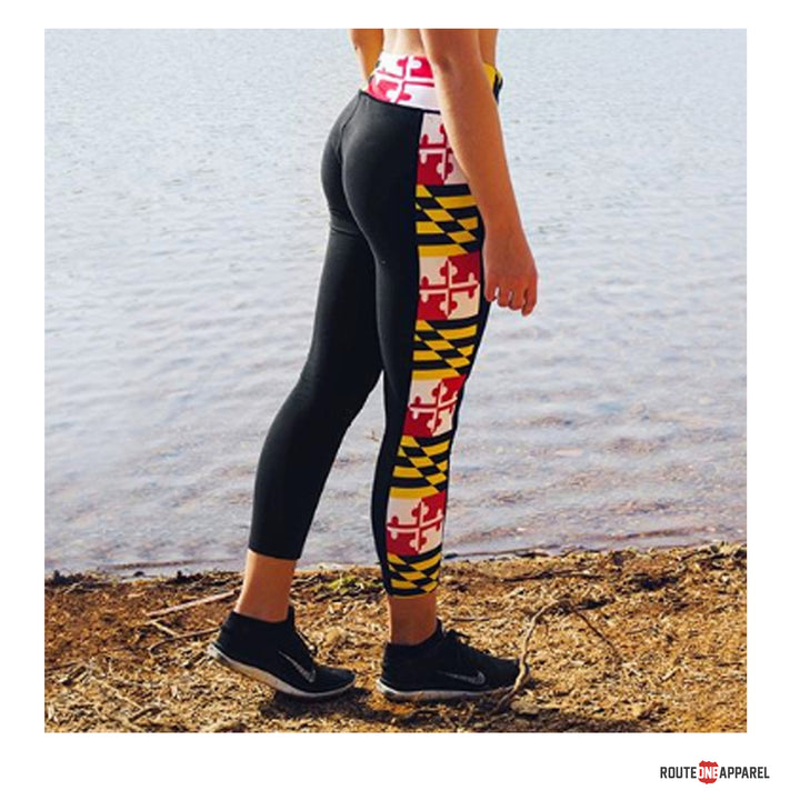 Maryland Side Flag Black Yoga Leggings Ladies by Route One Apparel