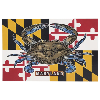 Maryland flag with natural looking blue crab and word Maryland on a postcard