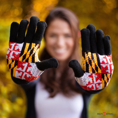 Person holding up Maryland Flag gloves with a colorful pattern against a blurred autumn background