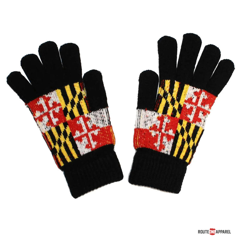 Pair of gloves with Maryland flag pattern with a black background