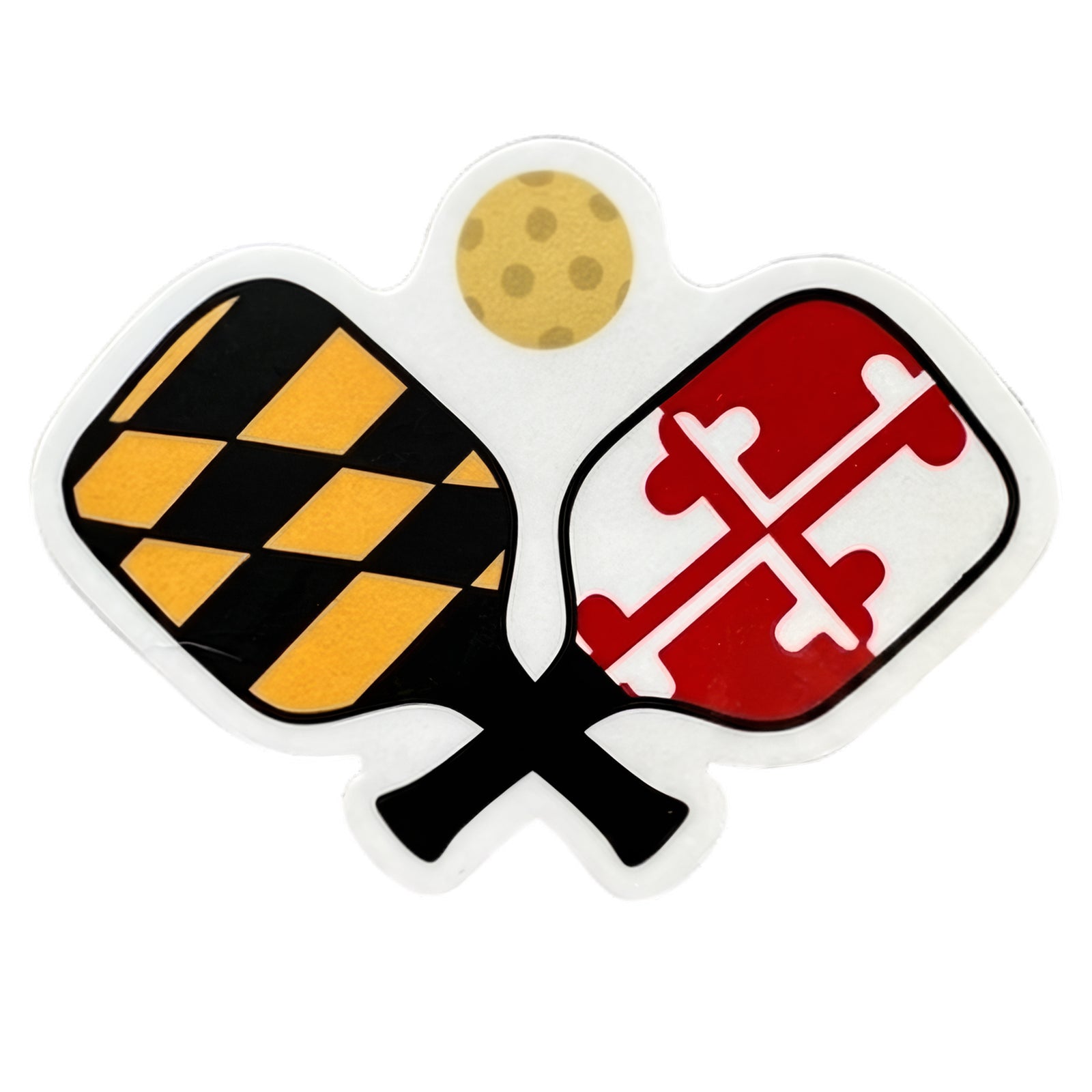 A die-cut sticker featuring crossed pickleball paddles with the Maryland state flag design on one paddle and a red cross on the other, with a small yellow pickleball above them on a white background.