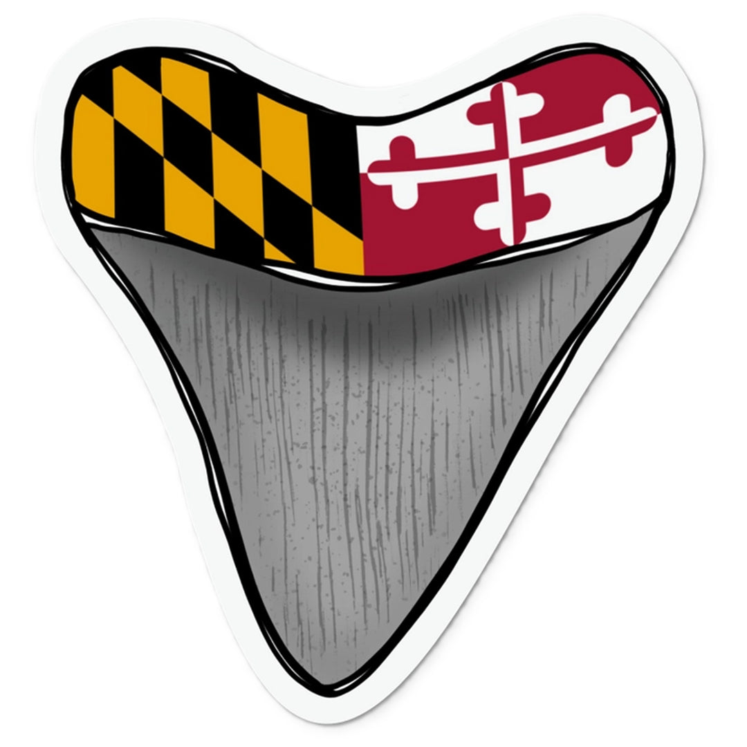 Vinyl sticker of a Shark tooth with Maryland flag design on a white background