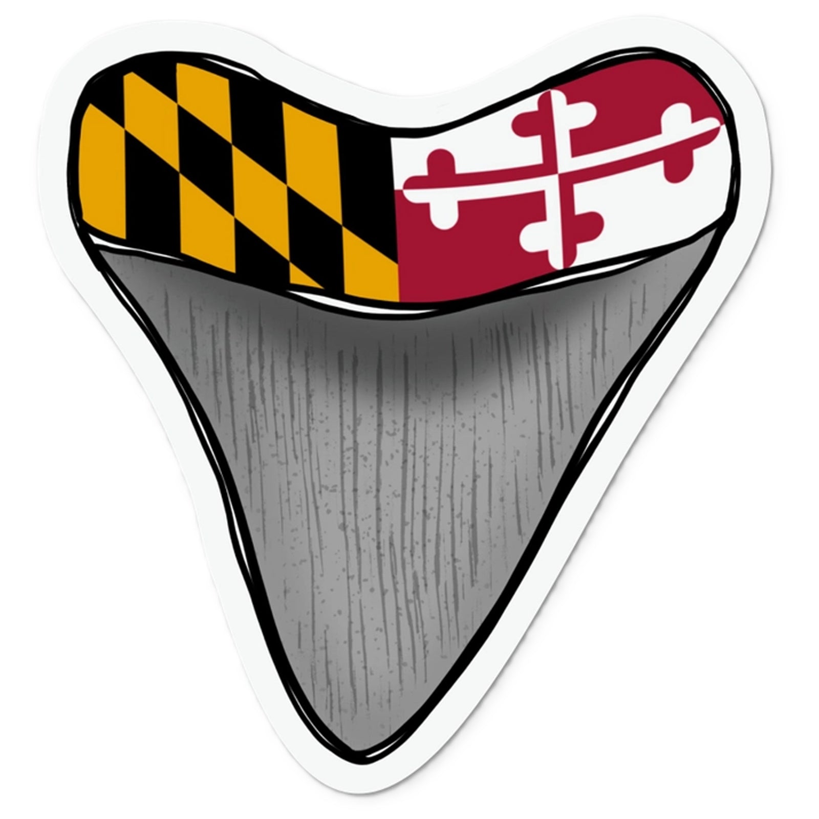 Vinyl sticker of a Shark tooth with Maryland flag design on a white background