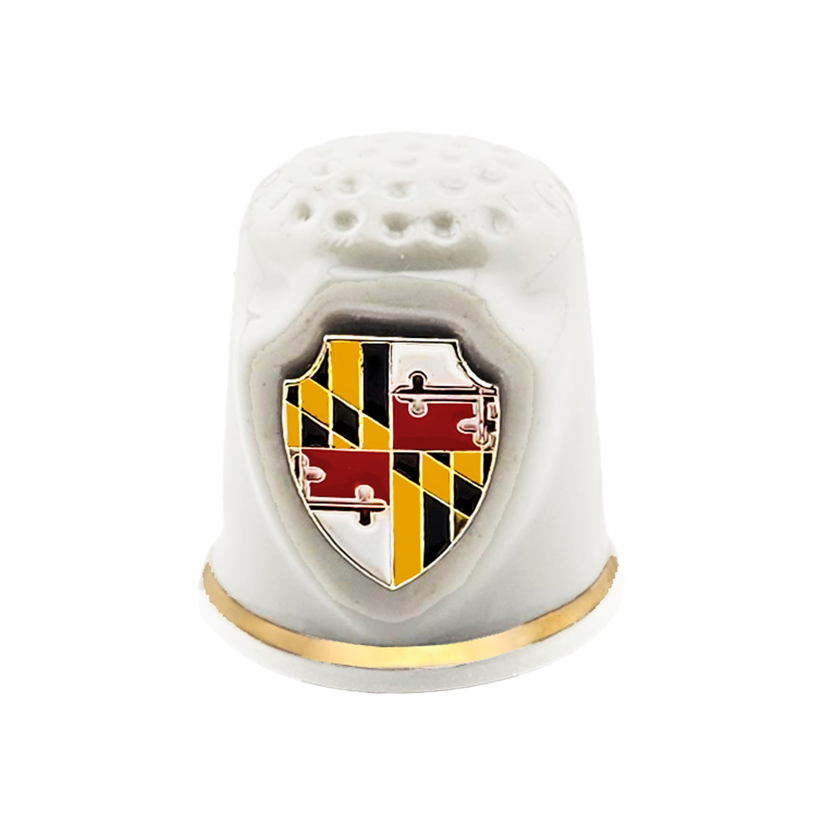 White porcelain thimble with a metal Maryland flag shield in the middle and a gold rim bottom