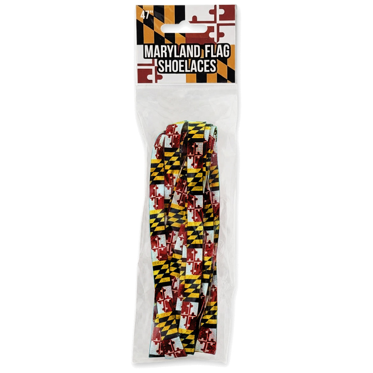 Maryland flag shoelaces in a cellophane bag with a printed header card showing the Maryland flag design.